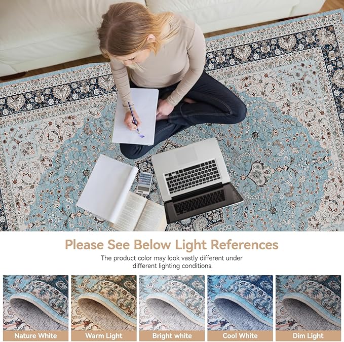 3x5 Area Rug, Washable Rugs for Living Room Bedroom Entryway Indoor Door mat, Vintage Boho Rugs Low-Pile Floor Carpet Light Blue