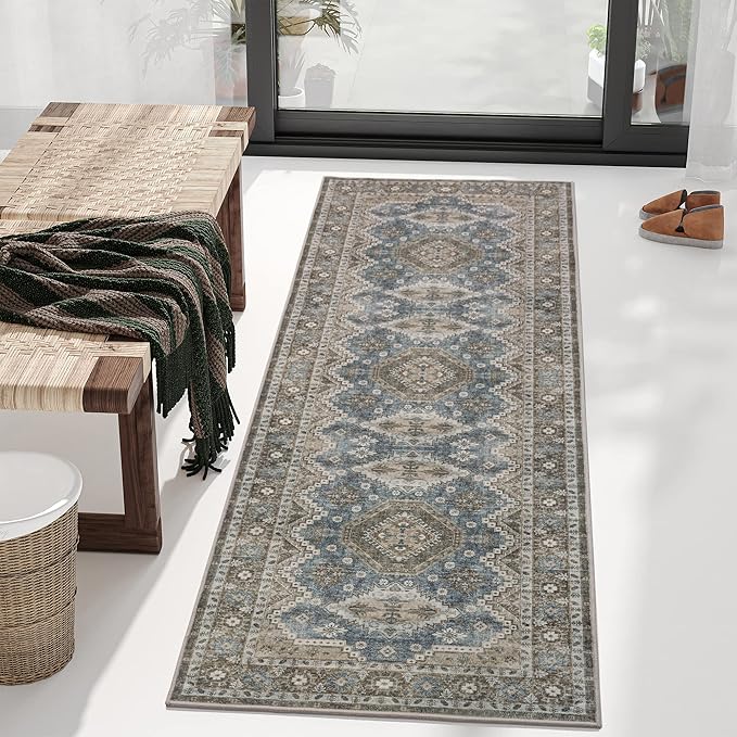Rugland 2'6x8' Runner Rug - Stain Resistant Entryway Rug, Anti Slip Backing Hallway Runner Rug, Vintage Tribal Area Rugs (TPR07-Green, 2'6x8')