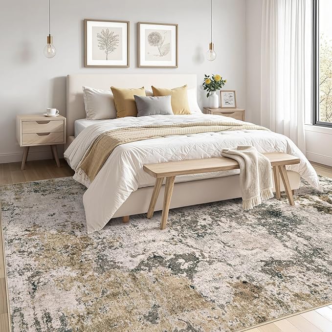 Area Rugs for Living Room: 9x12 Abstract Washable Rug Large Soft Stain Resistant Non-Slip Backing for Bedroom Dining Room Indoor Home Office Carpet for Kids Pet Friendly Families - Dark Brown