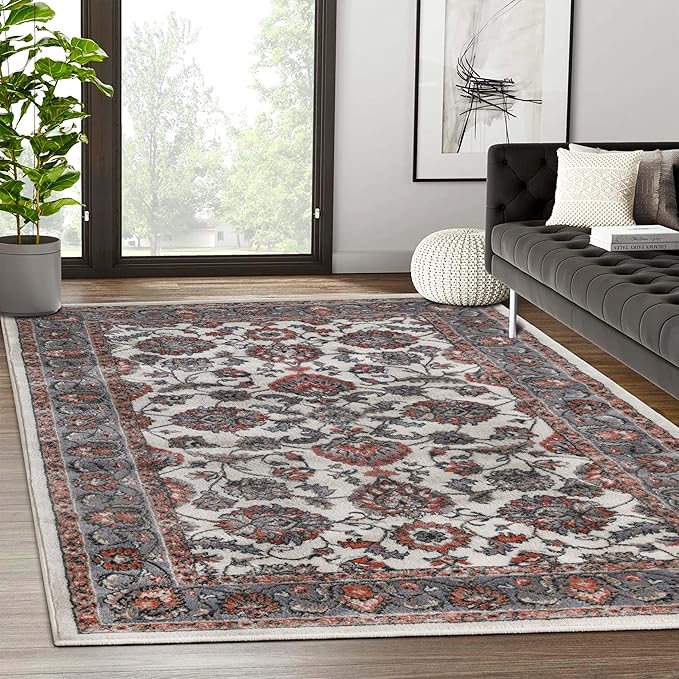 Superior Indoor Area Rug, with Jute Backing, Chic Bordered Floor Decor for Living Room, Bedroom, Office, Entryway, Kitchen, Dining, Floral Design, Lille Collection, 4' x 6', Brown-Salmon