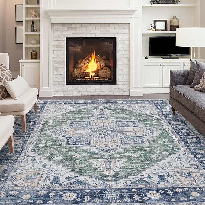 Vintage Large Rugs for Living Room, 6x9 Washable Area Rugs Non Slip, Soft Blue Rug for Bedroom, Distressed Non-Shedding Throw Rug for Entryway Kitchen Foyer Playroom, Blue Carpet 6x9