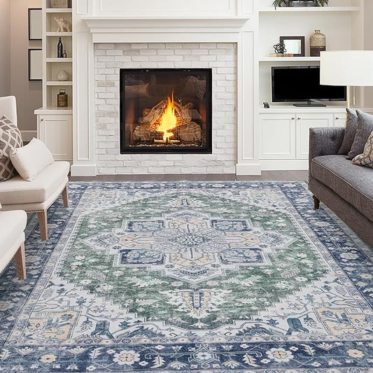 Vintage Large Rugs for Living Room, 9x12 Washable Area Rugs Non Slip, Soft Blue Rug for Bedroom, Sound Absorbing Non-Shedding Rug for Entryway Kitchen Foyer Playroom, Blue Carpet 9x12