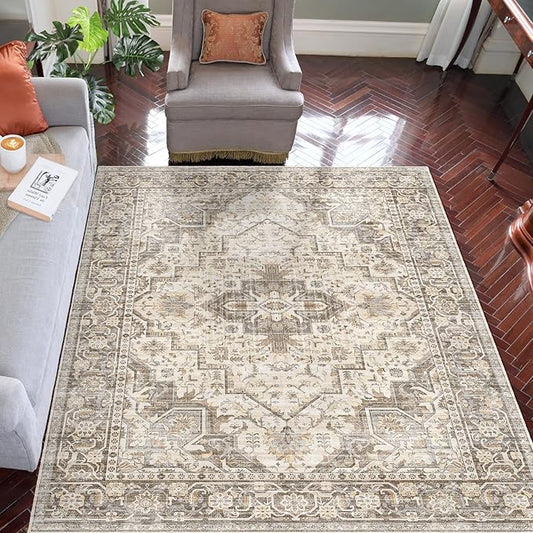Vintage Washable Area Rug - Brown Beige, 5x7, for Living Room, Bedroom, Dining Room