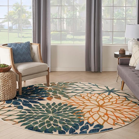 Nourison Aloha 8' x Round Blue Green Fabric Tropical Area Rug (8' Round)