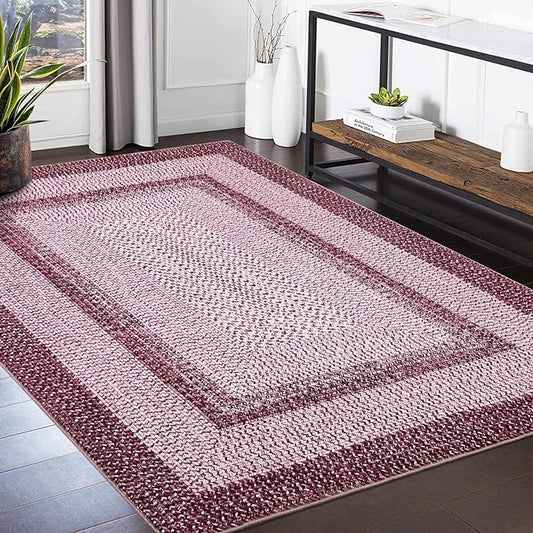 Washable Area Rug 10x13 Rug for Living Room Modern Rugs for Bedroom Pink Print Braided Large Rug Non Slip Throw Rugs Stain Resistant Carpet for Nursery Dining Room 10'x13' Pink