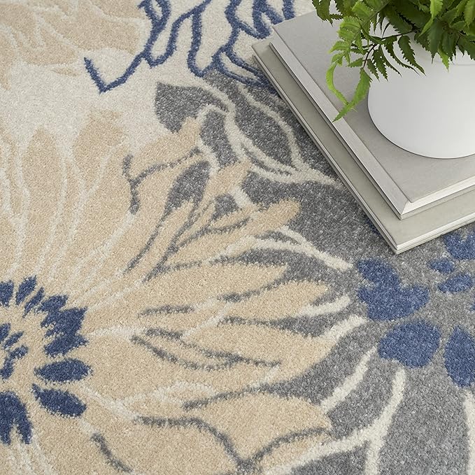 Nourison Passion Ivory Grey Blue 5'3" x 7'3" Area Rug, Boho, Floral, Easy Cleaning, Non Shedding, Bed Room, Living Room, Hallway, (5'3" x 7'3")