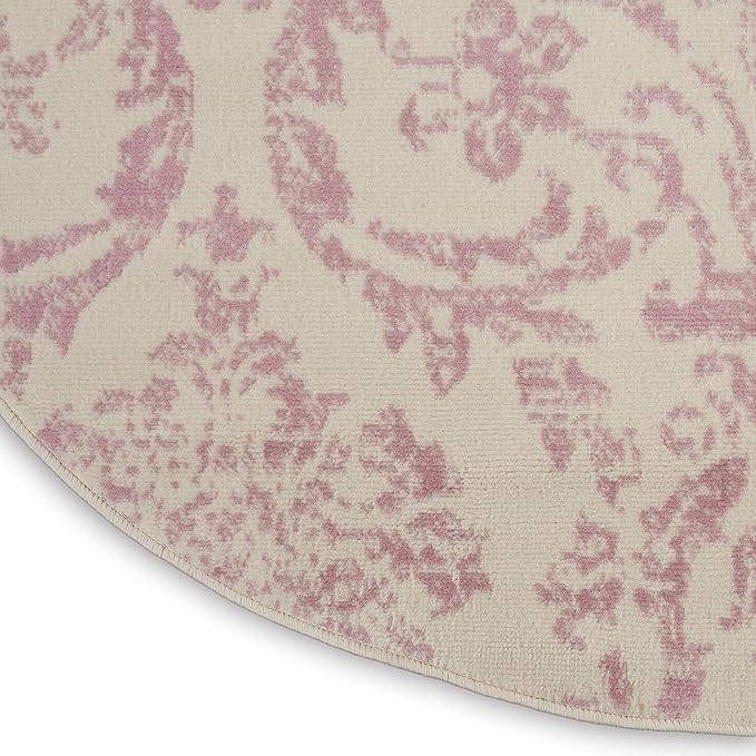 Nourison Jubilant Damask Ivory/Pink 8' x Round Area Rug, Easy Clean, Non Shedding, Bed Room, Living Room, Dining Room, Kitchen (8 Round)