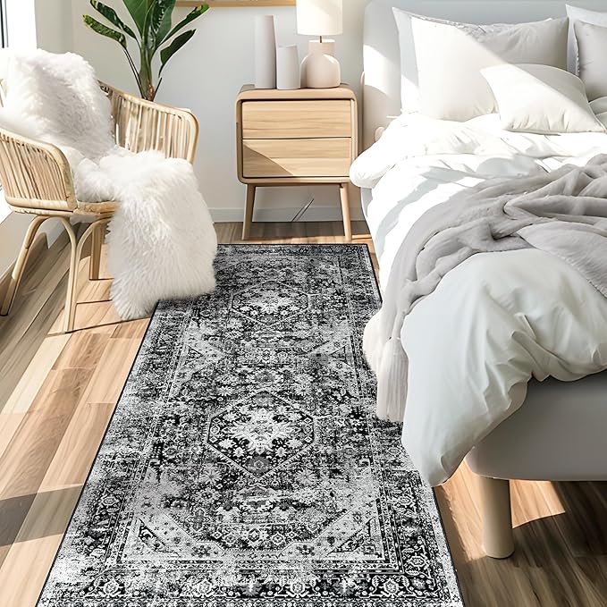 MUJOO Black Rug Washable Runner Rug for Kitchen Bathroom Entryway Non Slip Carpet Throw Rugs for Hallway Bedside Laundry Room Long Boho Area Rug Soft Floral Home Decor 2'x6'