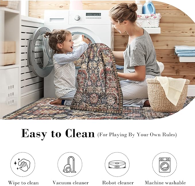 Washable Area Rugs - Perfect for Living Room, Bedroom, Kids Room, Nursery - Stain & Water Resistant Non-Slip, Pet & Child Friendly, Vintage Tribal Area Rugs (Rust, 2'6'' x 8')