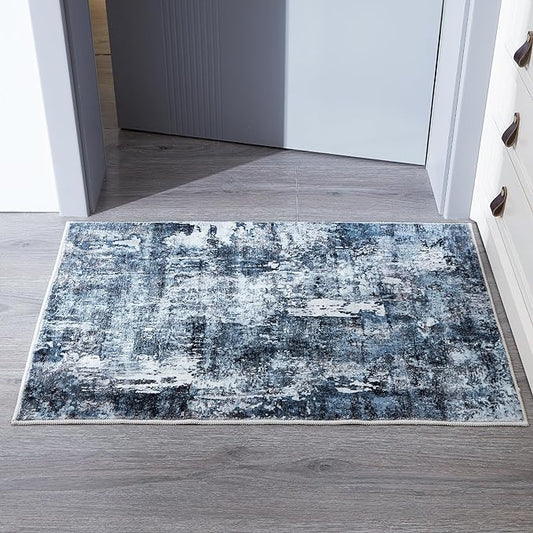 2x3 Rug Washable Boho Rug Soft Small Area Rug Abstract Pattern Non-Slip Non-Shedding Faux Wool Vintage Rug for Door Mat, Kitchen, Floor, Entryway, Powder Room, Blue