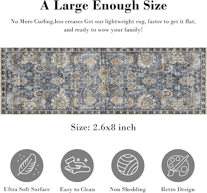 Washable Area Rugs - Perfect for Living Room, Bedroom, Kids Room, Nursery - Stain & Water Resistant Non-Slip, Pet & Child Friendly, Vintage Tribal Area Rugs (Navy, 2'6'' x 8')