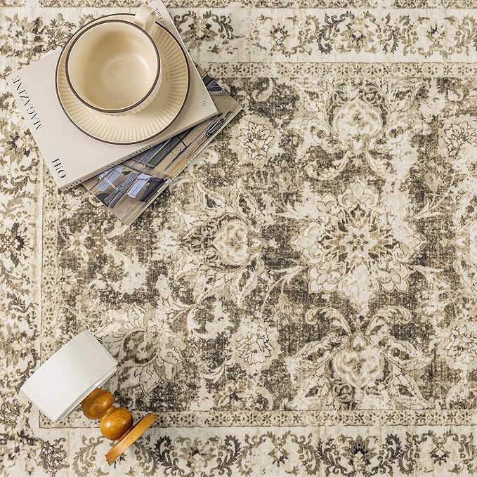 2x3 Washable Area Rug Brown Neutral Carpet for Entryway Floral Distressed Non-Slip Low Pile Soft Lightweight Vacuumable Throw Rug Small Door Mat for Kitchen Entrance Bathroom