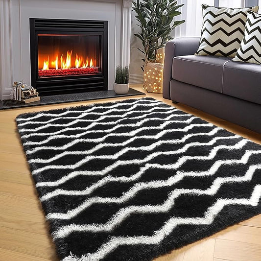 RUGTUDER 3x5 Area Rug for Bedroom, Washable Fuzzy Shag Striped Rugs Shaggy Indoor Rug for Living Room, Black and White Chevron Floor Fluffy Soft Plush Bedside Rug for Kids Room Boys Teens Dorm Nursery