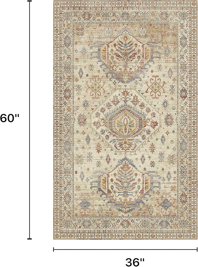 3x5 Area Rugs for Living Room, Machine Washable Rug Non Slip, Vintage Chenille Distressed Print Carpet, Large Low Pile Ultra-Thin Lightweight Rugs for Bedroom, Dining Room, Office Light Brown