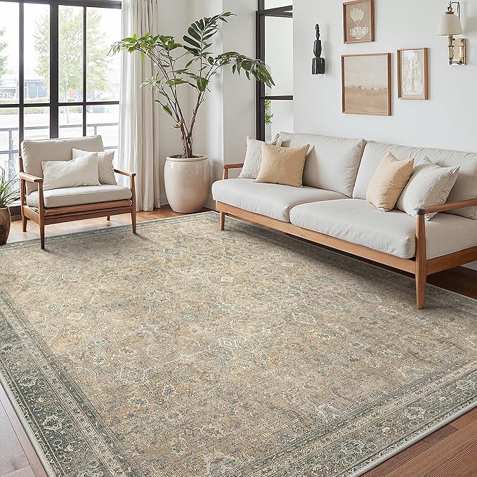 8X10 Area Rugs Machine Washable Rugs for Living Room, Vintage Boho Large Rugs for Bedroom Dining Room, Non Slip Indoor Soft Distressed Lightweight Thin Low Pile Carpet, Sandy Taupe