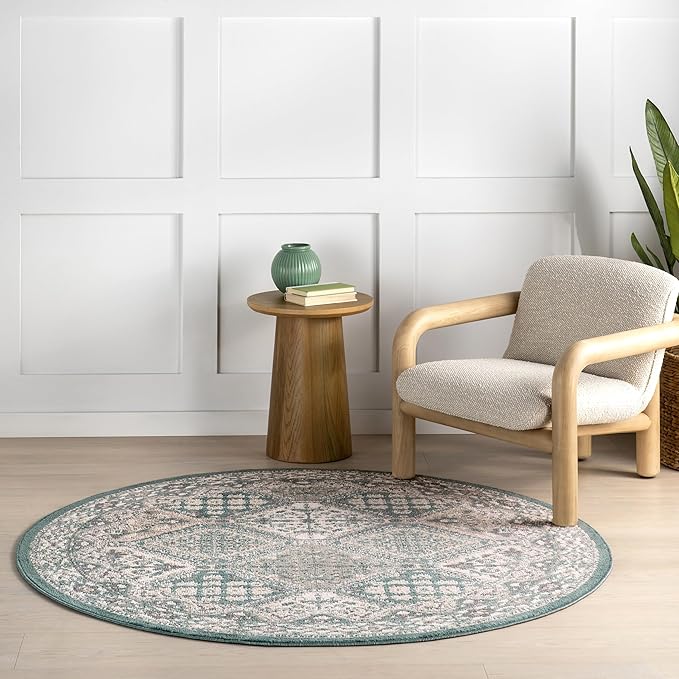 nuLOOM 8' Round Becca Traditional Tiled Area Rug, Becca Blue, Faded Transitional Design, Stain Resistant, for Bedroom, Dining Room, Living Room, Hallway, Office, Kitchen, Entryway