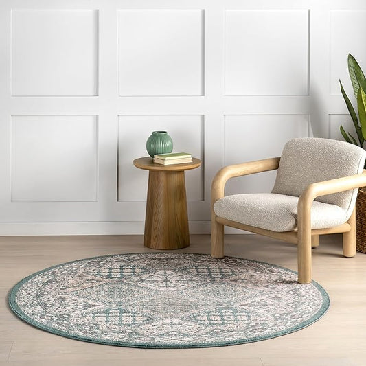 nuLOOM 8' Round Becca Traditional Tiled Area Rug, Becca Blue, Faded Transitional Design, Stain Resistant, for Bedroom, Dining Room, Living Room, Hallway, Office, Kitchen, Entryway