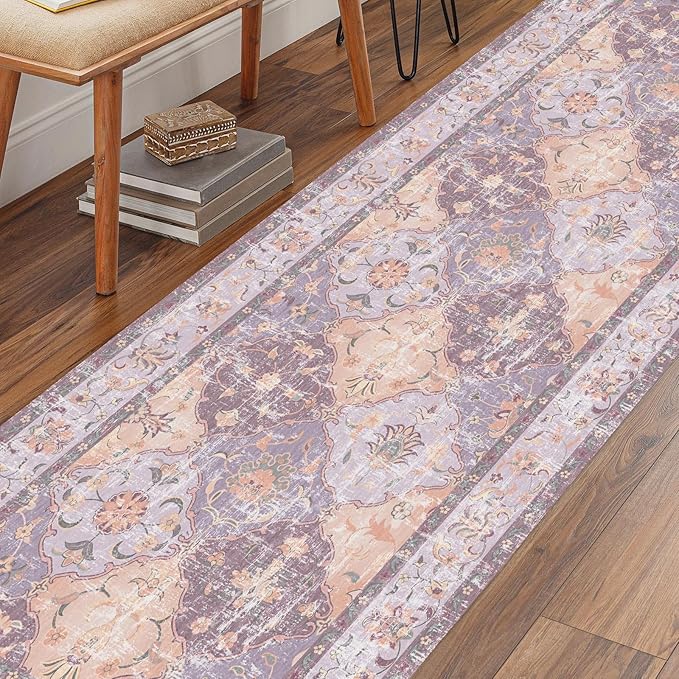 Boho Vintage Area Rugs 2×6 Washable Non-Slip Traditional Mauve Purple Runner Rug for Hallway Kitchen Entryway