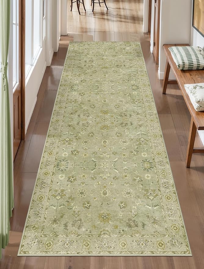 2x10 Washable Runner Rug for Hallways, Floral Vintage Non Slip, Soft Low Pile Long Rugs Runner, Print Distressed Green Carpet Runners for Kitchen Bedroom Entryway Living Room