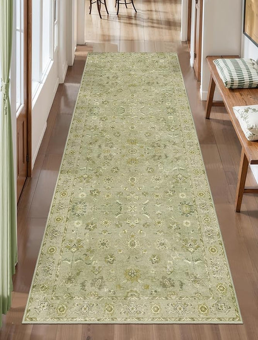 2x10 Washable Runner Rug for Hallways, Floral Vintage Non Slip, Soft Low Pile Long Rugs Runner, Print Distressed Green Carpet Runners for Kitchen Bedroom Entryway Living Room