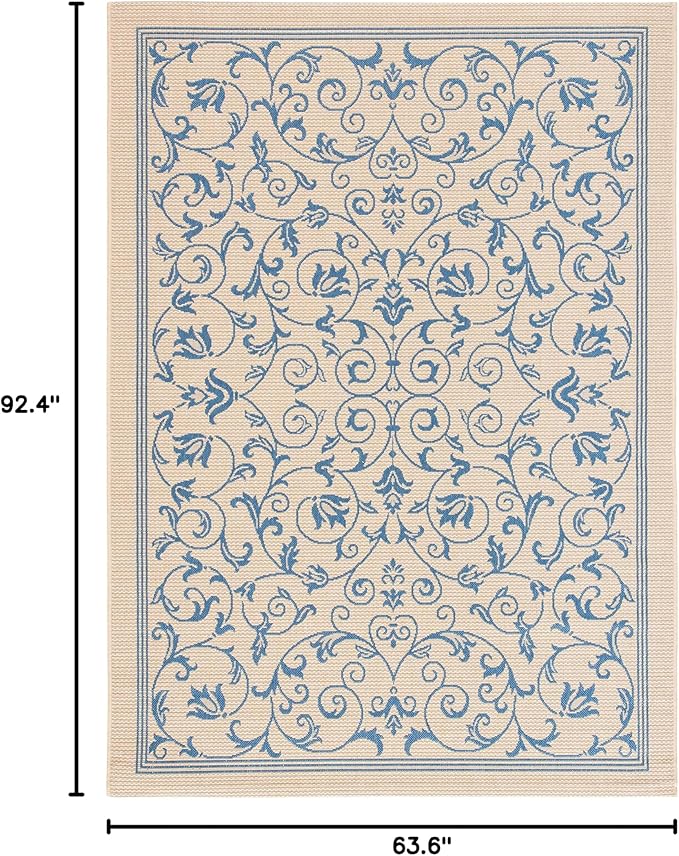 SAFAVIEH Courtyard Collection 5'3" x 7'7" Natural / Blue CY2098 Scroll Indoor/ Outdoor Waterproof Easy-Cleaning Patio Backyard Mudroom Area-Rug