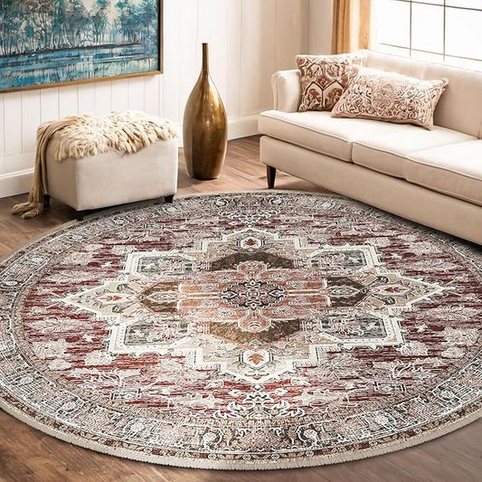 BESTSWEETIE 8ft Area Rugs for Living Room Washable Non Slip Carpet Low Pile Soft Vintage Print Pattern Rug for Bedroom Dining Room Kitchen Entryway Indoor-Wine/Brown/Brick/Black/Light tan