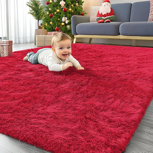 OLANLY Area Rugs for Living Room Bedroom, Machine Washable 4x5.9 Feet Soft Fluffy Shaggy Bedside Rug, Indoor Floor Carpet for Kids Girls and Boys, Dorms, Nursery Rooms, Home Decor Aesthetic, Red