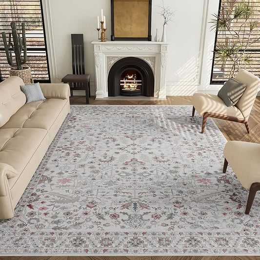 5x7 Rug, Washable Neutral Boho Modern Vintage Non Slip Floral Area Carpet, Low Pile Soft Rugs, Slip Resistance, Pet-Friendly, Durable Rug for Living Room, Bedroom, Kitchen, Dining Room