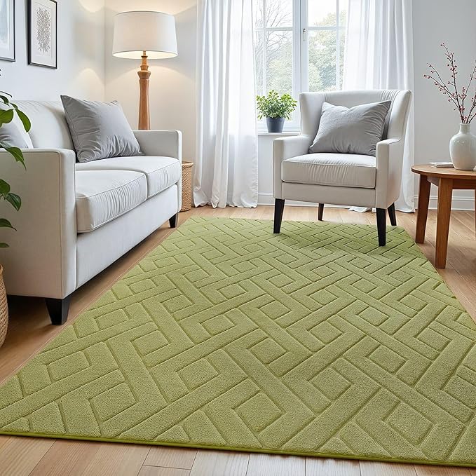 Ultra Soft Green Area Rug for Bedroom, 4x6 Modern Geometric Shag Rugs with Nonslip Backing for Living Room, Washable Fuzzy Carpet for Cozy Kids Room Nursery