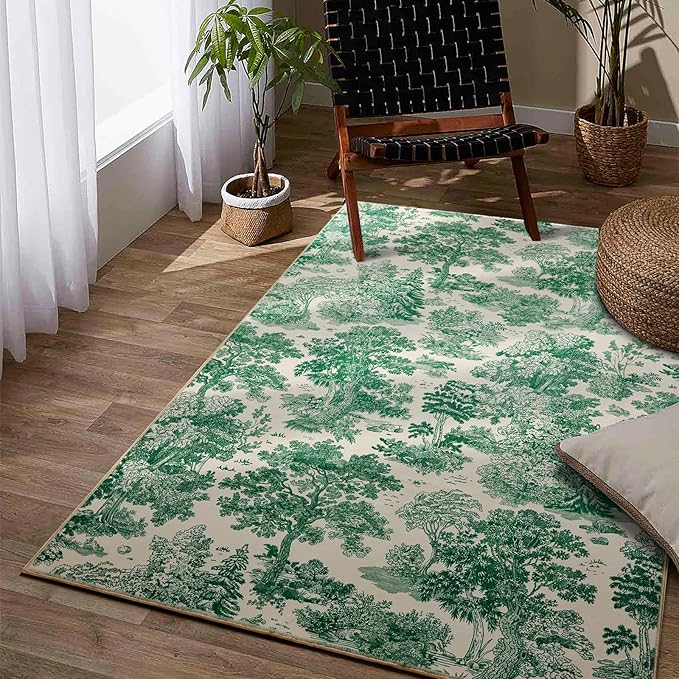 Vintage Botanical Entryway Rug Washable, Thin Pile Country Rustic Nature Plants 4x6 Indoor Rug Carpet Stain Resistant, Cute Green Woodland Forest Area Rug for Bedroom Dining Living Room Kitchen
