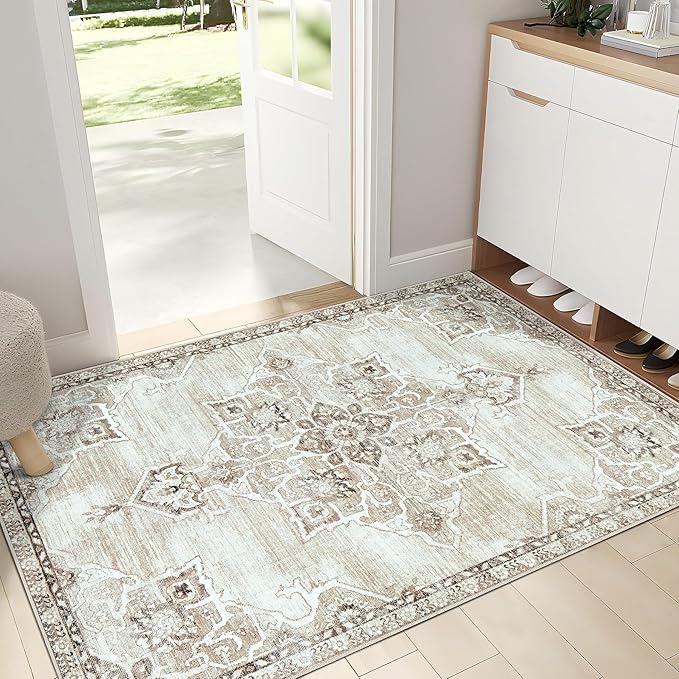 2x3 Rug Entryway Rugs: Washable Boho Vintage Small Rug Indoor Medallion Soft Non Slip Ultra Thin Non-Shedding Front Door Mat for Kitchen Bedroom (Beige, 2' x 3')