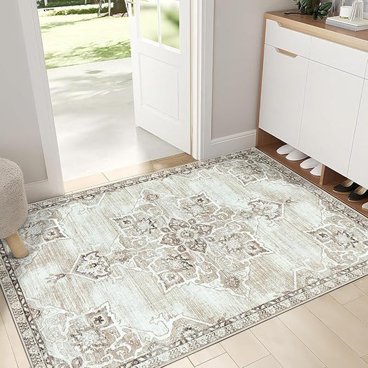 2x3 Rug Entryway Rugs: Washable Boho Vintage Small Rug Indoor Medallion Soft Non Slip Ultra Thin Non-Shedding Front Door Mat for Kitchen Bedroom (Beige, 2' x 3')