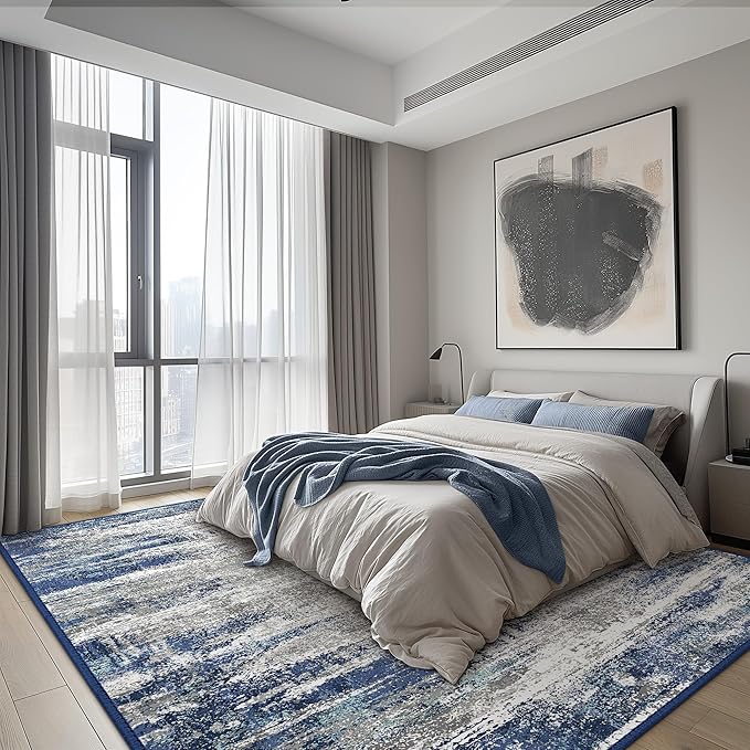 Bavni Area Rugs 9x12 Living Room, Modern Machine Washable Rugs Non-Slip, Abstract Soft Large Rug for Bedroom, Dining Room, Office, Playroom, Blue/Ivory