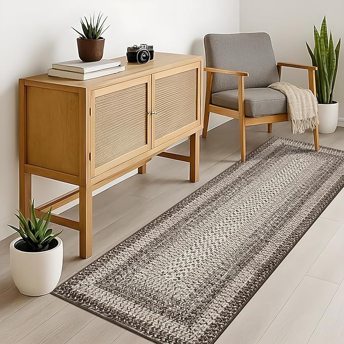 Imitation Braided Collection-Print 2x8 Runners for Hallway Non Slip Washable Kitchen Rugs, Farmhouse Rustic Bordered Area Rug Soft Low Pile Indoor Carpet Runners for Entryways, Living Room