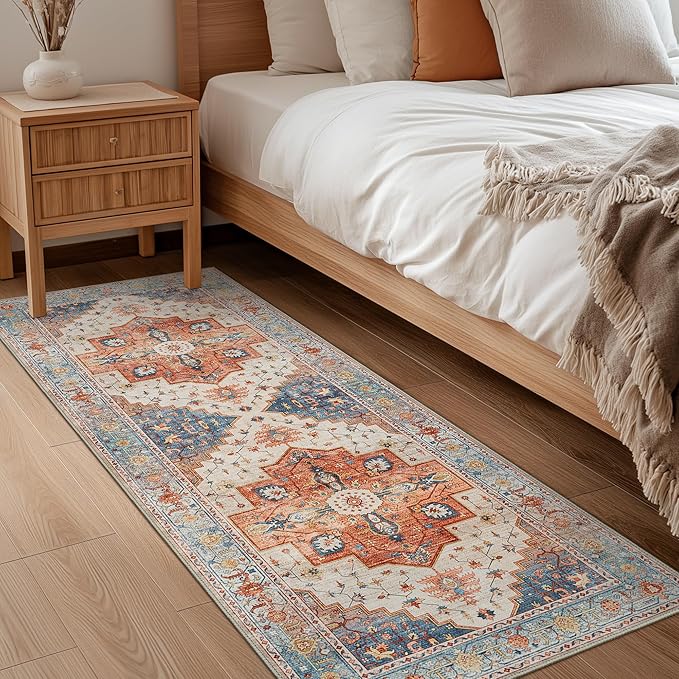 2X10 Area Rugs Machine Washable Runner Rugs for Living Room, Vintage Boho Rugs for Bedroom Dining Room, Non Slip Indoor Soft Distressed Lightweight Thin Low Pile Carpet, Blue Beige Orange