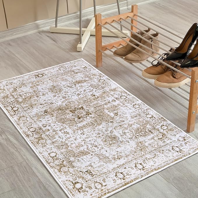 Keeko Small Rugs for Entryway, 2x3 Living Room Area Rug Vintage Door Mat Accent Bedroom Bedside Rug Indoor Low Pile Retro Non Slip Front Door Print Throw Rugs for Kitchen Laundry Room Decor Beige