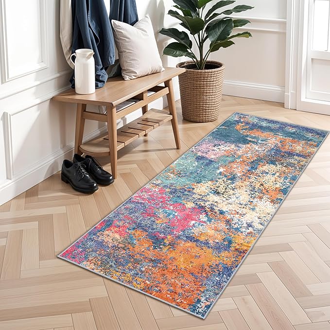 Abstract 2x5 Runner Rug for Home - Washable Hallway Rugs Modern Stain Resistant Runners for Kitchen Indoor Mat for Laundry, Bedroom Non Slip Thin Super Soft Room Decor Floor Carpet 2x5 Colorful/Multi