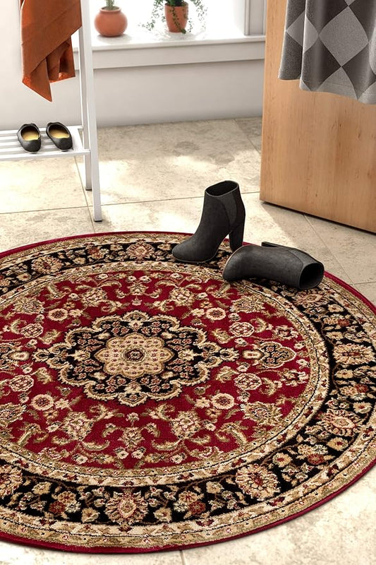 Well Woven Barclay Collection Medallion Kashan Red 4 ft Round Rug - for Entryways, Small Bedrooms, Living Rooms