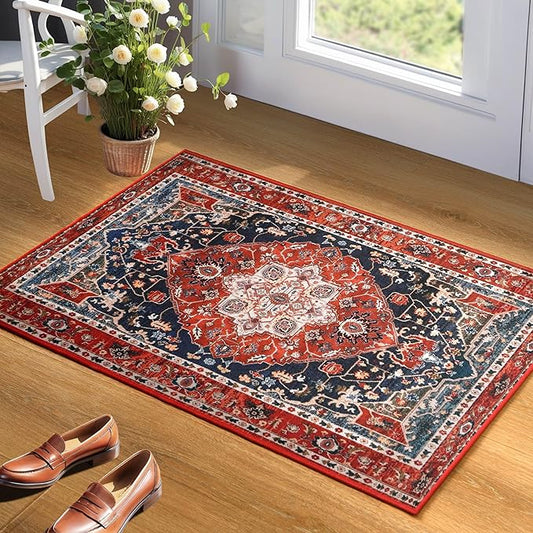 YJ.GWL Doormat Boho Area Rug 2x3, Machine Washable Small Low Pile Lightweight Thin Entryway Rug, Floral Vintage Distress Print Pattern Carpet for Entrance Kitchen Bedroom, Red