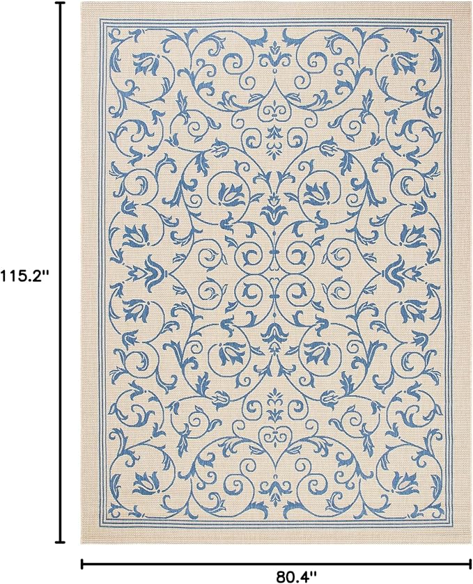 SAFAVIEH Courtyard Collection 6'7" x 9'6" Natural / Blue CY2098 Scroll Indoor/ Outdoor Splashproof Easy Scrubbing Patio Backyard Mudroom Area Rug