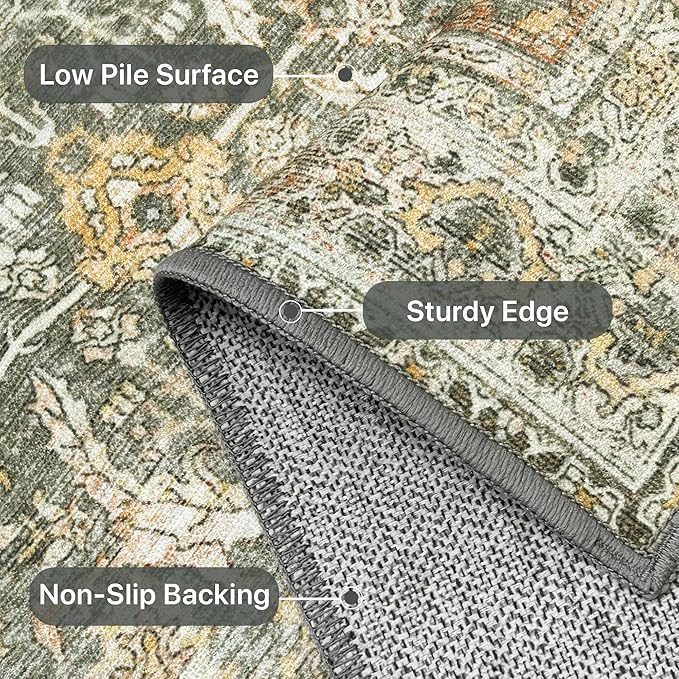 10X12 Area Rugs Machine Washable Rugs for Living Room, Vintage Boho Large Rugs for Bedroom Dining Room, Non Slip Indoor Soft Distressed Lightweight Thin Low Pile Carpet, Turmeric