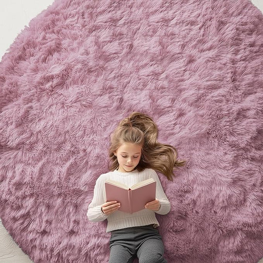 OLANLY Blush Round Rugs for Bedroom - Machine Washable, 8x8 Feet Circle Area Rugs for Living Room, Soft and Fluffy Shaggy Carpet for Teen Girls and Boys, Dorms, Nursery Rooms, Home Decor Aesthetic