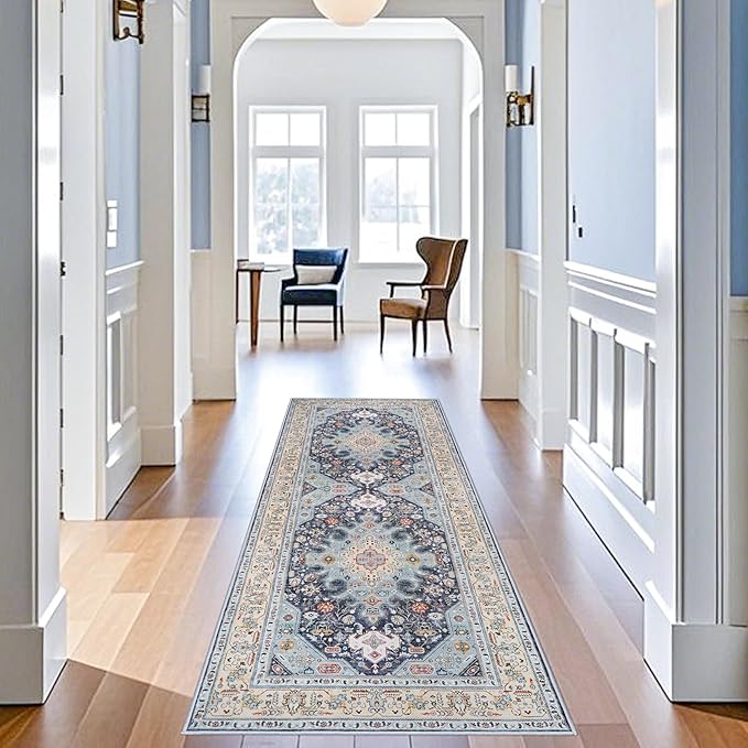 3x8 Runner Rug Kitchen: Hallway Washable Oriental Runners Soft Indoor Neutral Carpet for Entry Bedroom Farmhouse Low Pile Stain Resistant Hall Rugs Long Thin Door Mat - 3x8 Blue/Beige/Multi