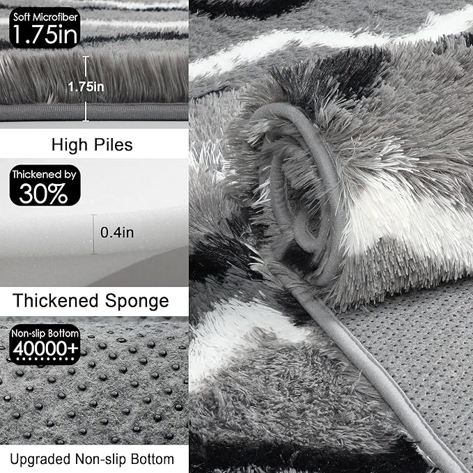RUGTUDER Washable Fluffy Rugs for Living Room, 5x8 Fuzzy Plush Soft Shag Striped Rug, Large Shaggy Floor Carpets Chevron Geometric Rug for Bedroom Playroom Boys Kids Room Dorm Decor, Black Grey White