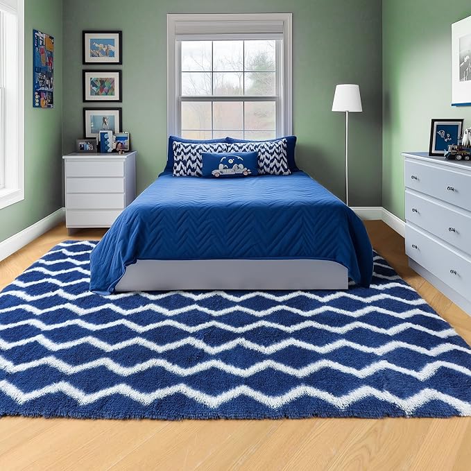 RUGTUDER 5x8 Rugs for Living Room, Washable Fluffy Shag Striped Area Rug Fuzzy Rug for Bedroom, Soft Shaggy Carpet Geometric Rug for Boys Kids Boys Room Teens Dorm Playroom Decor, Navy Blue and White