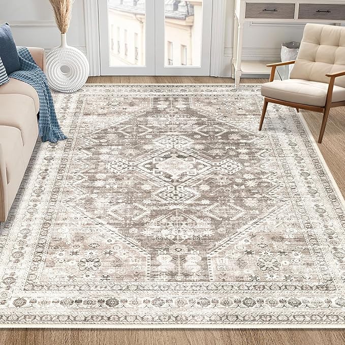 Zomfy Area Rug Vintage 5x7 Living Room Rugs: Washable Rug Traditional Oriental Medallion Rug, Non Slip Boho Carpet for Bedroom Dining Table Kitchen Home Office(Brown, 5'x7')