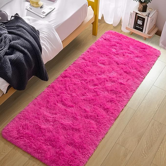 Tepook Soft Runner Rugs for Bedroom 2x6 ft with Rubber Backing, Hot Pink Fluffy Rugs for Living Room, Shag Bedside Rug Fuzzy Plush Carpet for Room, Area Rug for Dorm Nursery Hallway Indoor Home Decor