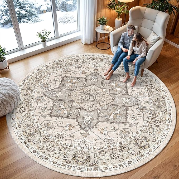 RUUGME Washable 9 ft Round Rug - Large Boho Rugs for Living Room Stain Resistant Carpet Vintage Tribal Rugs for Bedroom Kitchen with Non Slip Backing Floor Decoration Mat 9ft Ivory