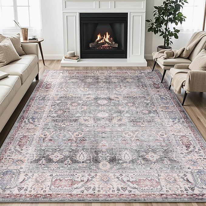 Carvapet Rugs for Living Room Bedroom, Vintage Low Pile Large Carpet with Rubber Backing, Non Slip Foldable, Machine Washable (9 x 6 Feet Rectangular, Grey/Pink Area Rug)