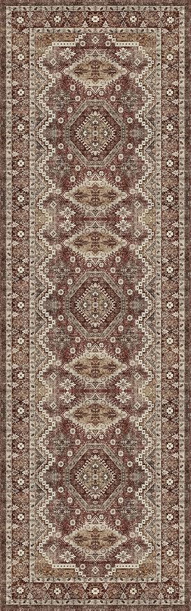 Rugland 2'6x8' Runner Rug, TPR07-Rust, Vintage Tribal, Stain Resistant, Anti-Slip Backing, Machine Washable, Low Pile, Indoor, Rug